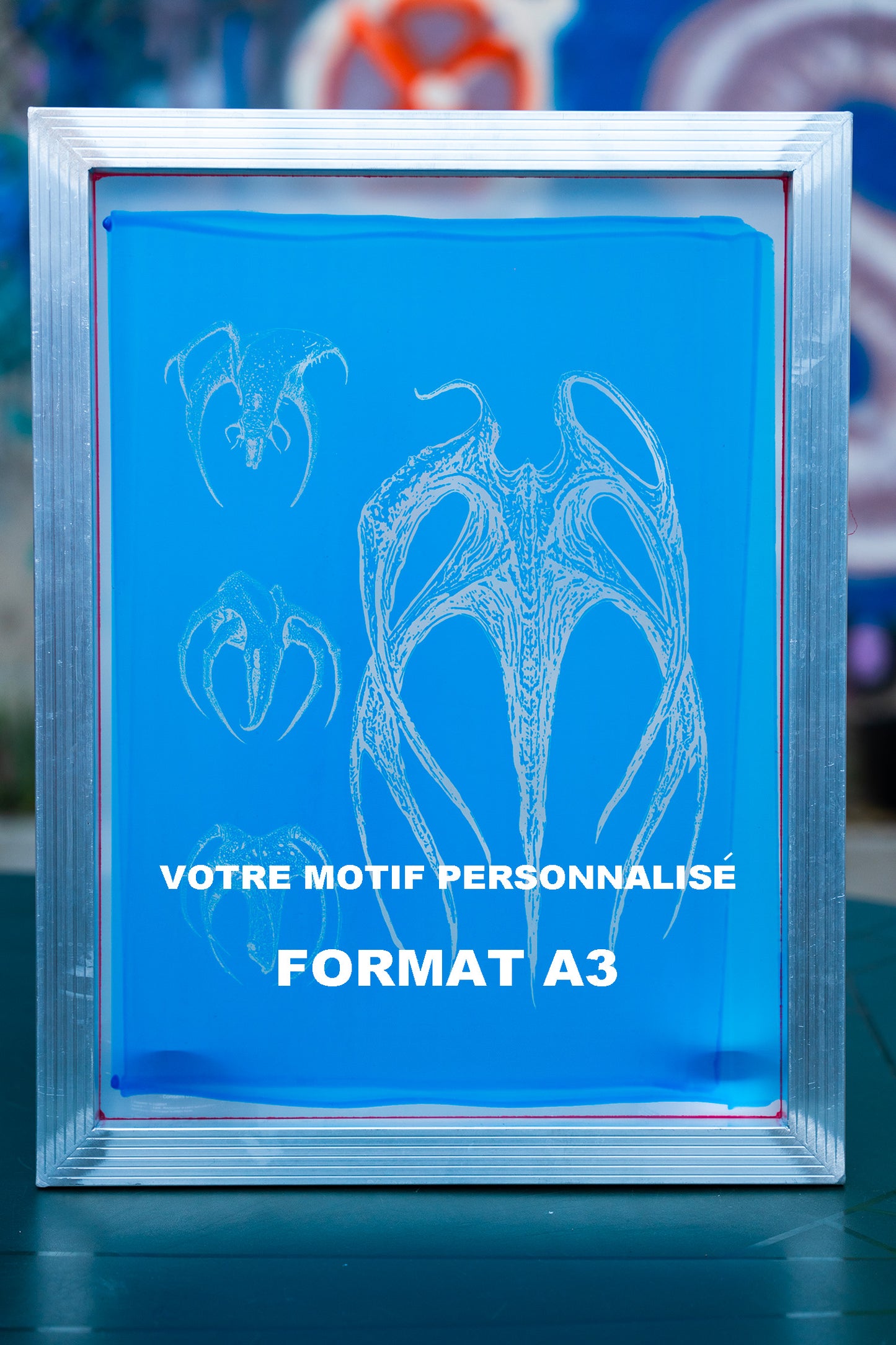Cadre de sérigraphie insolé et prêt pour l'impression - format A3